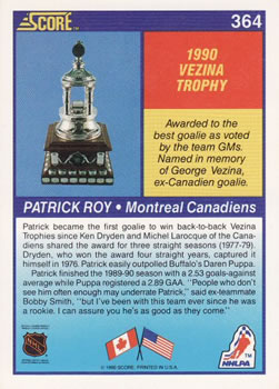 1990-91 Score American #364 Patrick Roy Back