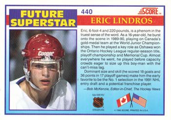 1990-91 Score American #440 Eric Lindros Back