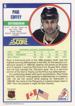 1990-91 Score American #6 Paul Coffey Back
