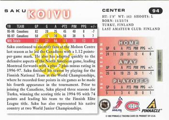 1997-98 Score - Golden Blades #94 Saku Koivu Back