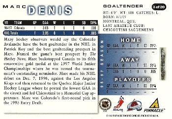 1997-98 Score Colorado Avalanche #3 Marc Denis Back