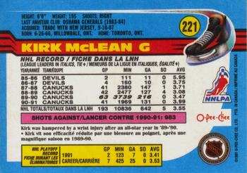 1991-92 O-Pee-Chee #221 Kirk McLean Back