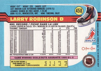 1991-92 O-Pee-Chee #458 Larry Robinson Back