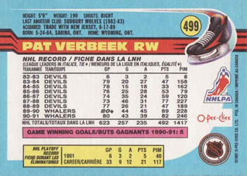 1991-92 O-Pee-Chee #499 Pat Verbeek Back