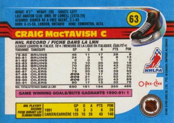 1991-92 O-Pee-Chee #63 Craig MacTavish Back
