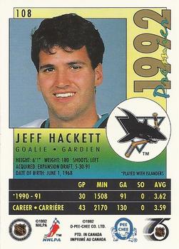 1991-92 O-Pee-Chee Premier #108 Jeff Hackett Back