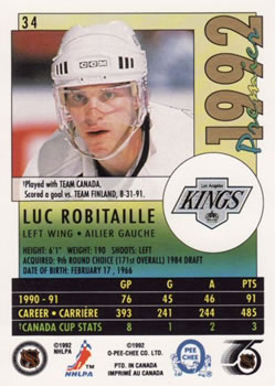 1991-92 O-Pee-Chee Premier #34 Luc Robitaille Back