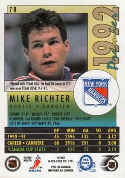 1991-92 O-Pee-Chee Premier #78 Mike Richter Back