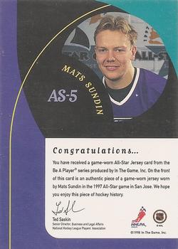 1998-99 Be a Player - All-Star Game Used Jerseys #AS-5 Mats Sundin Back