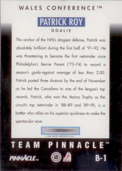 1991-92 Pinnacle - Team Pinnacle #B1 Patrick Roy Back