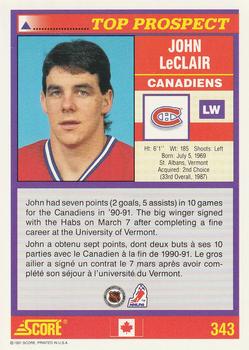 1991-92 Score Canadian Bilingual #343 John LeClair Back