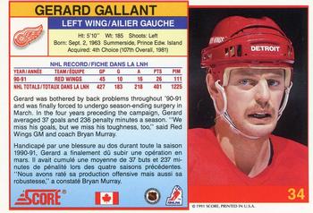 1991-92 Score Canadian Bilingual #34 Gerard Gallant Back