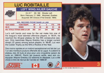 1991-92 Score Canadian Bilingual #3 Luc Robitaille Back