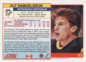 1991-92 Score Canadian Bilingual #82 Ulf Samuelsson Back