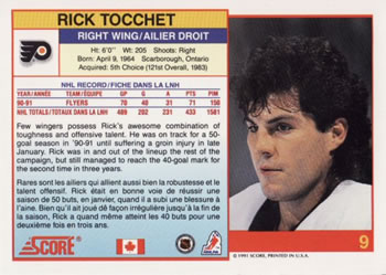1991-92 Score Canadian Bilingual #9 Rick Tocchet Back
