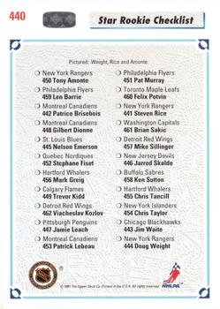 1991-92 Upper Deck #440 Star Rookie Checklist (Doug Weight / Steven Rice / Tony Amonte) Back