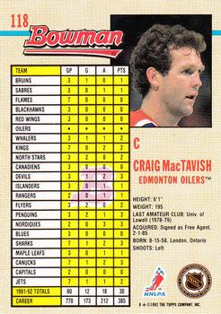 1992-93 Bowman #118 Craig MacTavish Back