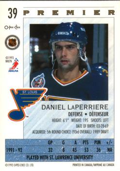 1992-93 O-Pee-Chee Premier #39 Daniel Laperriere Back