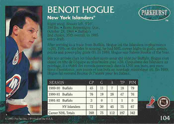 1992-93 Parkhurst #104 Benoit Hogue Back