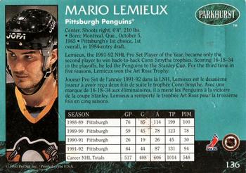 1992-93 Parkhurst - Emerald Ice #136 Mario Lemieux Back