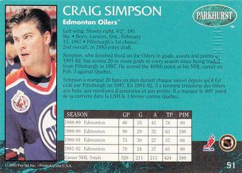 1992-93 Parkhurst - Emerald Ice #51 Craig Simpson Back