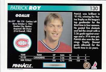 1992-93 Pinnacle #130 Patrick Roy Back