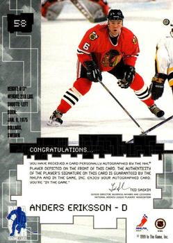 1999-00 Be a Player Millennium Signature Series - Autographs #58 Anders Eriksson Back