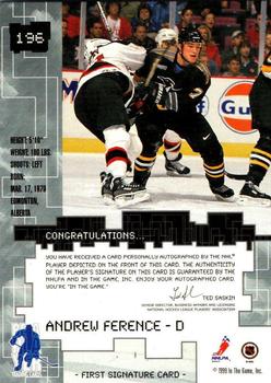 1999-00 Be a Player Millennium Signature Series - Autographs Gold #196 Andrew Ference Back