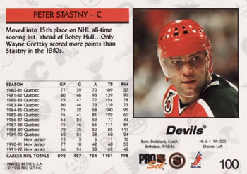 1992-93 Pro Set #100 Peter Stastny Back