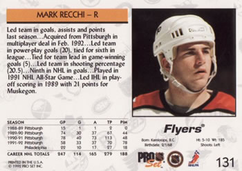 1992-93 Pro Set #131 Mark Recchi Back