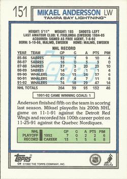 1992-93 Topps #151 Mikael Andersson Back
