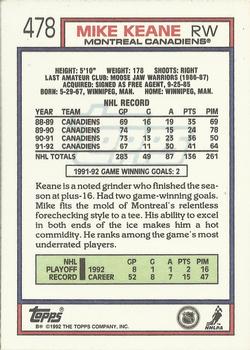 1992-93 Topps #478 Mike Keane Back