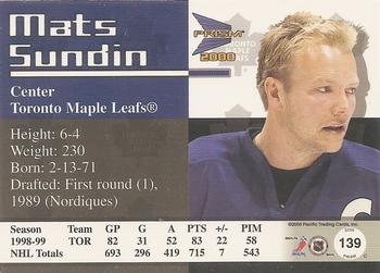 1999-00 Pacific Prism - Holographic Mirror #139 Mats Sundin Back