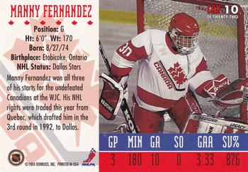 1993-94 Donruss - 1994 World Junior Championship Canada #CAN 10 Manny Fernandez Back