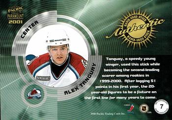 2000-01 Pacific Paramount - Game-Used Sticks #7 Alex Tanguay Back