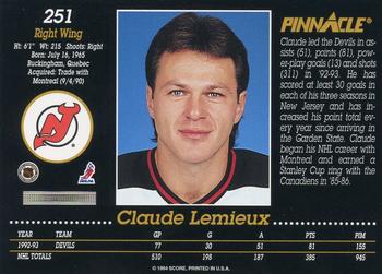 1993-94 Pinnacle #251 Claude Lemieux Back