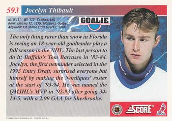 1993-94 Score #593 Jocelyn Thibault Back