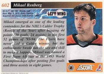 1993-94 Score #602 Mikael Renberg Back