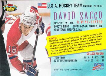 1993-94 Stadium Club - Team USA #22 David Sacco Back