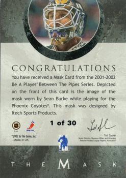 2001-02 Be a Player Between the Pipes - The Mask Gold #NNO Sean Burke Back
