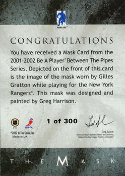 2001-02 Be a Player Between the Pipes - The Mask Silver #NNO Gilles Gratton Back