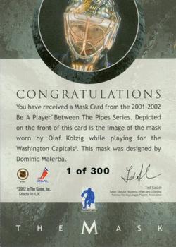 2001-02 Be a Player Between the Pipes - The Mask Silver #NNO Olaf Kolzig Back