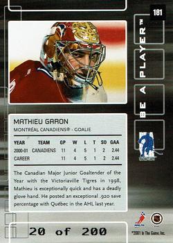 2001-02 Be a Player Memorabilia - Ruby #181 Mathieu Garon Back