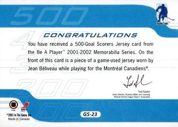 2001-02 Be a Player Memorabilia - 500 Goal Scorers Jersey #GS-23 Jean Beliveau Back