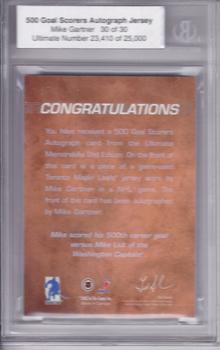 2001-02 Be A Player Ultimate Memorabilia - 500 Goal Scorers Autographed Jerseys #18 Mike Gartner Back