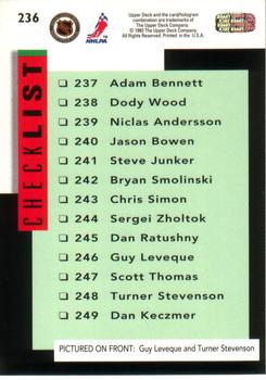 1993-94 Upper Deck #236 Star Rookie Checklist (Guy Leveque / Turner Stevenson) Back
