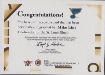 2001-02 Fleer Greats of the Game - Autographs #NNO Mike Liut Back