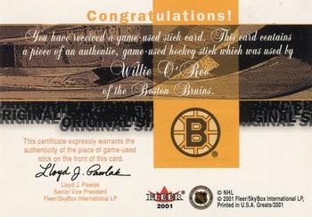 2001-02 Fleer Greats of the Game - Sticks #NNO Willie O'Ree Back