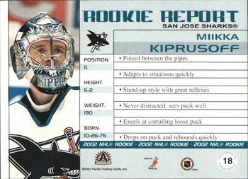 2001-02 Pacific Adrenaline - Rookie Report #18 Miikka Kiprusoff Back