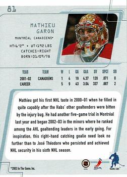 2002-03 Be a Player Between the Pipes - NHL All-Star Game #81 Mathieu Garon Back